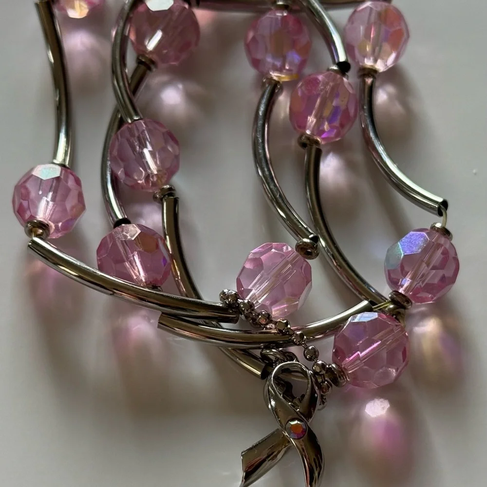 🩷 Breast Cancer Awareness Pink Faceted Beaded Bracelet Set of 3 by Cookie Lee - Picture 5 of 7